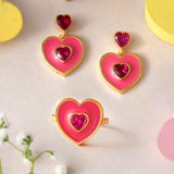 Pink Heart Drop Earrings And Ring Combo