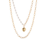 Trendy Essentials Faux Pearls Heart Motif Brass Gold Plated Link Chain Necklace