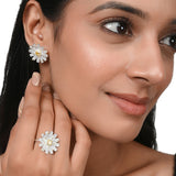 925 Sterling Silver CZ Floral Motif Ring with Earrings