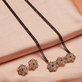 Shimmering Floret American Diamond CZ 3 Flowers Gold Plated Brass Black Beaded Mangalsutra with Earrings