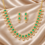 Green American Diamond Necklace Set for Women Sparkling Elegance Gold Finish Short Choker Length Jewellery Set with Drop Earrings