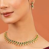 Green American Diamond Necklace Set for Women Sparkling Elegance Gold Finish Short Choker Length Jewellery Set with Drop Earrings
