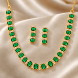 Emerald Green Necklace Set for Women Sparkling Elegance Rectangle Cut Stone Gold Finish Short Collar Jewellery Set with Dangler Earrings