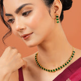 Emerald Green Necklace Set for Women Sparkling Elegance Rectangle Cut Stone Gold Finish Short Collar Jewellery Set with Dangler Earrings