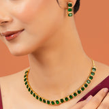 Emerald Green Necklace Set for Women Sparkling Elegance Rectangle Cut Stone Gold Finish Short Collar Jewellery Set with Dangler Earrings