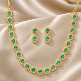 Emerald Stone Jewellery Set for Women Sparkling Elegance Oval Halo Link Gold Finish Collar Necklace with Drop Earrings