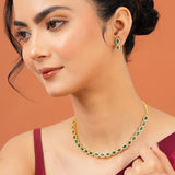 Emerald Stone Jewellery Set for Women Sparkling Elegance Oval Halo Link Gold Finish Collar Necklace with Drop Earrings