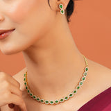 Emerald Stone Jewellery Set for Women Sparkling Elegance Oval Halo Link Gold Finish Collar Necklace with Drop Earrings
