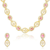Pink Stone Necklace Set for Women Sparkling Elegance Open Leaf Link Gold Finish Short Collar Jewellery with Dangler Earrings