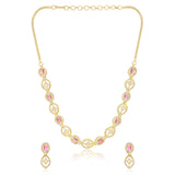 Pink Stone Necklace Set for Women Sparkling Elegance Open Leaf Link Gold Finish Short Collar Jewellery with Dangler Earrings