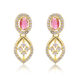 Pink Stone Necklace Set for Women Sparkling Elegance Open Leaf Link Gold Finish Short Collar Jewellery with Dangler Earrings