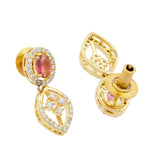 Pink Stone Necklace Set for Women Sparkling Elegance Open Leaf Link Gold Finish Short Collar Jewellery with Dangler Earrings
