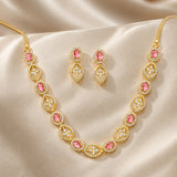 Pink Stone Necklace Set for Women Sparkling Elegance Open Leaf Link Gold Finish Short Collar Jewellery with Dangler Earrings