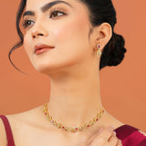 Pink Stone Necklace Set for Women Sparkling Elegance Open Leaf Link Gold Finish Short Collar Jewellery with Dangler Earrings