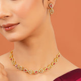 Pink Stone Necklace Set for Women Sparkling Elegance Open Leaf Link Gold Finish Short Collar Jewellery with Dangler Earrings