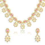 Blue Stone Necklace Set for Women Sparkling Elegance Floral Cluster Drop Gold Finish Short Collar Jewellery with Drop Earrings