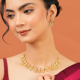 Blue Stone Necklace Set for Women Sparkling Elegance Floral Cluster Drop Gold Finish Short Collar Jewellery with Drop Earrings