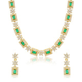 Festive Jewellery Green Stone Necklace Set for Women Sparkling Elegance Square Halo Starburst Link Gold Finish Short Collar with Drop Earrings