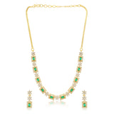 Festive Jewellery Green Stone Necklace Set for Women Sparkling Elegance Square Halo Starburst Link Gold Finish Short Collar with Drop Earrings