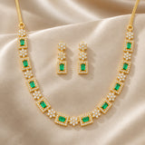 Festive Jewellery Green Stone Necklace Set for Women Sparkling Elegance Square Halo Starburst Link Gold Finish Short Collar with Drop Earrings