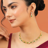 Festive Jewellery Green Stone Necklace Set for Women Sparkling Elegance Square Halo Starburst Link Gold Finish Short Collar with Drop Earrings