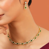 Festive Jewellery Green Stone Necklace Set for Women Sparkling Elegance Square Halo Starburst Link Gold Finish Short Collar with Drop Earrings