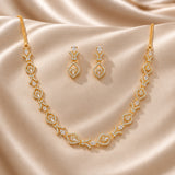 Festive Jewellery Lightweight Necklace Set for Women Sparkling Elegance Open Leaf Bow Link Gold Finish Short Collar with Drop Earrings