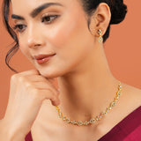Festive Jewellery Lightweight Necklace Set for Women Sparkling Elegance Open Leaf Bow Link Gold Finish Short Collar with Drop Earrings
