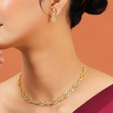 Festive Jewellery Lightweight Necklace Set for Women Sparkling Elegance Open Leaf Bow Link Gold Finish Short Collar with Drop Earrings