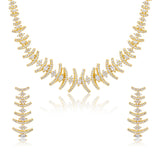 Designer Cocktail Necklace Set for Women Sparkling Elegance Curved Bar Fern Link Gold Finish Short Collar Jewellery with Drop Earrings