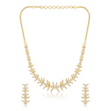 Designer Cocktail Necklace Set for Women Sparkling Elegance Curved Bar Fern Link Gold Finish Short Collar Jewellery with Drop Earrings