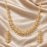 Designer Cocktail Necklace Set for Women Sparkling Elegance Curved Bar Fern Link Gold Finish Short Collar Jewellery with Drop Earrings