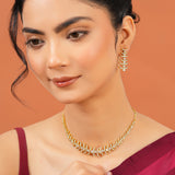 Designer Cocktail Necklace Set for Women Sparkling Elegance Curved Bar Fern Link Gold Finish Short Collar Jewellery with Drop Earrings