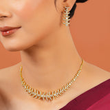 Designer Cocktail Necklace Set for Women Sparkling Elegance Curved Bar Fern Link Gold Finish Short Collar Jewellery with Drop Earrings