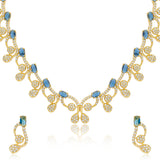 Cocktail Designer Blue Stone Necklace Set for Women Sparkling Elegance Vine Curl Round Drop Gold Finish Short Collar Jewellery with Drop Earrings