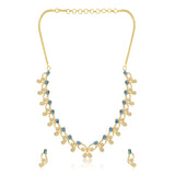 Cocktail Designer Blue Stone Necklace Set for Women Sparkling Elegance Vine Curl Round Drop Gold Finish Short Collar Jewellery with Drop Earrings