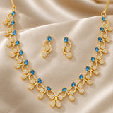 Cocktail Designer Blue Stone Necklace Set for Women Sparkling Elegance Vine Curl Round Drop Gold Finish Short Collar Jewellery with Drop Earrings