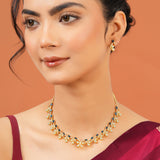 Cocktail Designer Blue Stone Necklace Set for Women Sparkling Elegance Vine Curl Round Drop Gold Finish Short Collar Jewellery with Drop Earrings