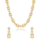 Cocktail Designer Emerald Colour Jewellery Set for Women Sparkling Elegance Framed Rectangle Blossom Link Gold Finish Short Collar Necklace with Drop Earrings