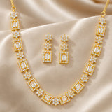 Cocktail Designer Emerald Colour Jewellery Set for Women Sparkling Elegance Framed Rectangle Blossom Link Gold Finish Short Collar Necklace with Drop Earrings