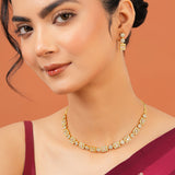 Cocktail Designer Emerald Colour Jewellery Set for Women Sparkling Elegance Framed Rectangle Blossom Link Gold Finish Short Collar Necklace with Drop Earrings