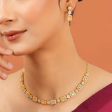 Cocktail Designer Emerald Colour Jewellery Set for Women Sparkling Elegance Framed Rectangle Blossom Link Gold Finish Short Collar Necklace with Drop Earrings