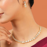 Designer Rectangle Cut American Diamond Necklace Set for Women Sparkling Elegance Single Line Stone Row Gold Finish Short Collar with Drop Earrings