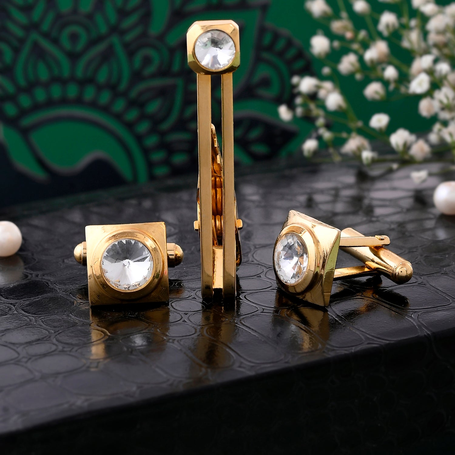 Elegant Golden Tie Pin and Cufflink Set – VOYLLA