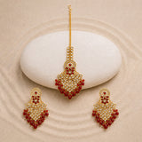 Kundan Opulance Red Pearl-Beaded Yellow Gold-Plated Chand Bali Set