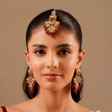 Kundan Opulance Red Pearl-Beaded Yellow Gold-Plated Chand Bali Set