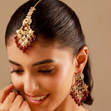 Kundan Opulance Red Pearl-Beaded Yellow Gold-Plated Chand Bali Set