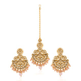 Pearl Elegance Light Pink CZ Yellow Gold-Plated Dangler & Maangtika Set