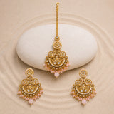 Pearl Elegance Light Pink CZ Yellow Gold-Plated Dangler & Maangtika Set