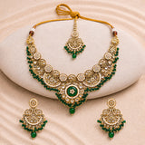 Kundan Opulance Green CZ-Pearl Yellow Gold-Plated Short Necklace Set